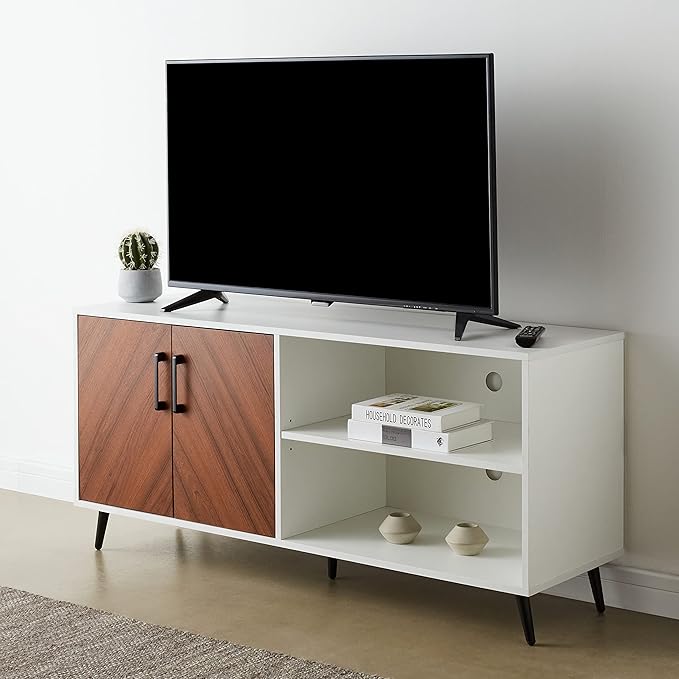 ROCKPOINT Modern 2 Door Asymmetrical Console Stand for TVs up to 58 Inches, 52inch, White - LeafyLoom