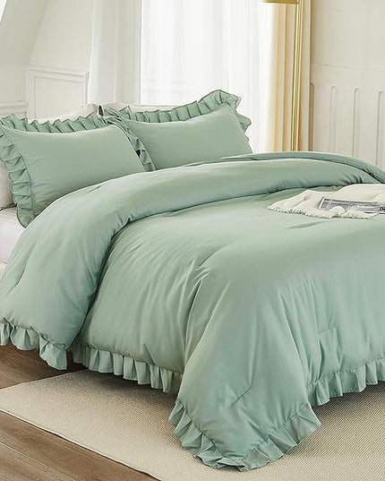 Andency Sage Green Comforter Set King, 3 Pieces Vintage Farmhouse Shabby Chic Ruffle Comforter, Lightweight Soft All Season Microfiber Down Alternative Bedding Comforter Set (104x90Inch, Green) - LeafyLoom