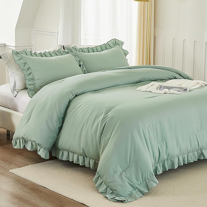 Andency Sage Green Comforter Set Full, 3 Pieces Lightweight Soft Ruffle Bed Comforter, Farmhouse Rustic Fluffy Microfiber Down Alternative Bedding Set (79x90Inch Comforter) - LeafyLoom