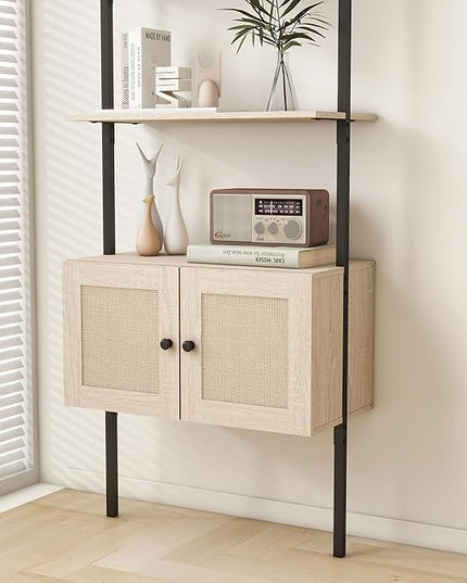 Panana Modern 3 Tier Bookcase with Rattan Cabinet in Light Oak Finish with Matte Black Metal Frame for Living Room, Home Office Storage (Light Oak, 3-Tier) - LeafyLoom