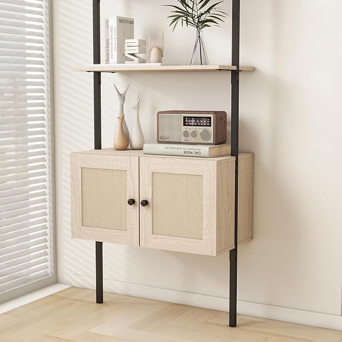 Panana Modern 3 Tier Bookcase with Rattan Cabinet in Light Oak Finish with Matte Black Metal Frame for Living Room, Home Office Storage (Light Oak, 3-Tier) - LeafyLoom