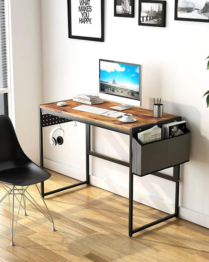 DKLGG Computer Desk 39" Home Office Desk Laptop Study Table Workstation with A Storage Bag and Headphone Hook Retro Industrial Design Small Computer Desk for Teens, Brown - LeafyLoom