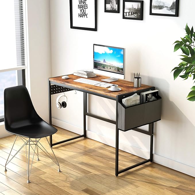 DKLGG Computer Desk 39" Home Office Desk Laptop Study Table Workstation with A Storage Bag and Headphone Hook Retro Industrial Design Small Computer Desk for Teens, Brown - LeafyLoom