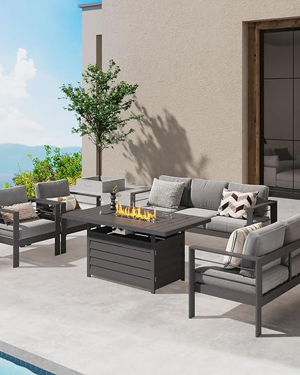 Wisteria Lane 5 Piece Aluminum Outdoor Patio Furniture Set with 54 Inch Propane Gas Fire Pit Table, Modern Patio Conversation Sets with Outdoor Sectional Couch for Backyard, Garden, Dark Grey - LeafyLoom