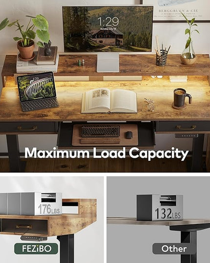 FEZIBO 48 x 24 Inch Height Adjustable Electric Standing Desk with Double Drawers&Keyboard Tray, Stand Up Desk with LED Strips, Sit Stand Desk with Monitor Stand, Rustic Brown - LeafyLoom