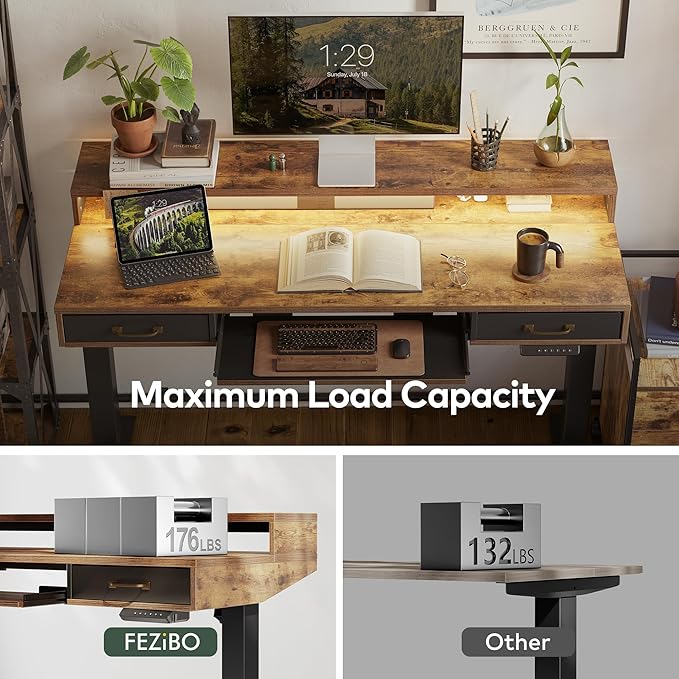 FEZIBO 48 x 24 Inch Height Adjustable Electric Standing Desk with Double Drawers&Keyboard Tray, Stand Up Desk with LED Strips, Sit Stand Desk with Monitor Stand, Rustic Brown - LeafyLoom