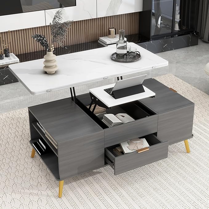 47 Inch Lift Top Coffee Table with 4 Drawers, Modern Center Table with Extendable Tabletop and Open Shelf, Multi Functional Coffee Table for Living Room, White+Grey - LeafyLoom