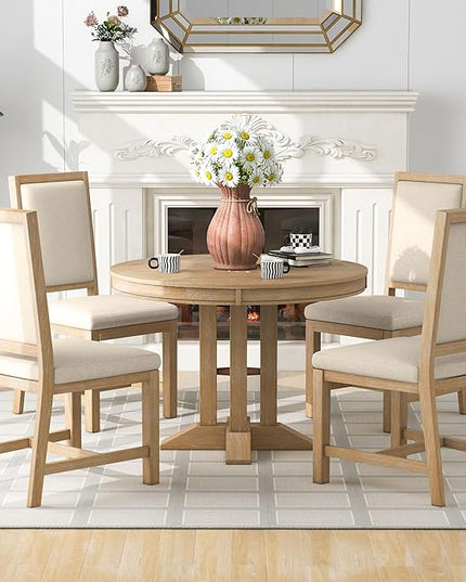RITSU Farmhouse 5-Piece Dining Set, Included Retro Extendable Round Table with X-Shape Base and 4 Upholstered Chairs, Solid Wood Adjustable Dinette Furniture for Kitchen Living Room, Natural, 1 - LeafyLoom