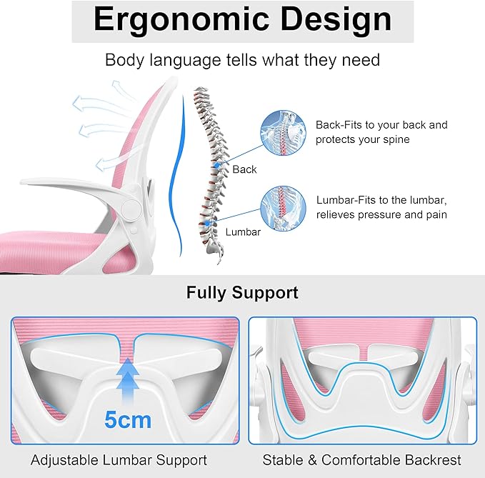 Primy Office Chair Ergonomic Desk Chair with Adjustable Lumbar Support and Height, Swivel Breathable Desk Mesh Computer Chair with Flip up Armrests for Conference Room (Pink) - LeafyLoom