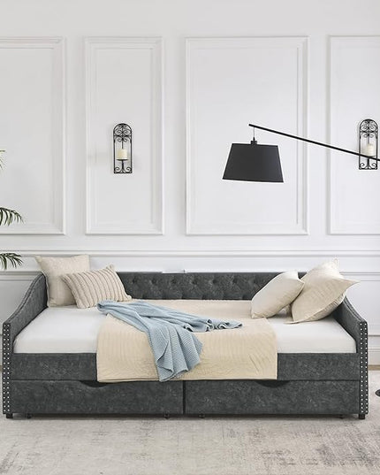 Queen Size Upholstered Daybed with Two Storage Trundle Drawers, Wooden Sofa Bed w/Button Tufted Backrest and Waved Shape Arms, No Box Spring Needed, for Living Room, Bedroom, Dorm, Grey - LeafyLoom