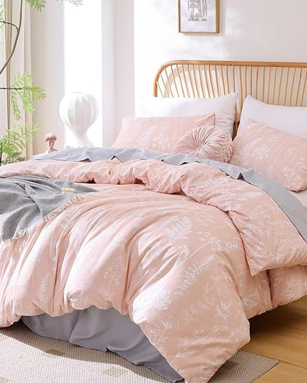 JANZAA Pink Comforter Set Queen Floral Comforter Set 3 PCS Cute Bedding Sets Blush Comforter Set Plant Flowers Printed on Fluffy Comforter Set for All Season - LeafyLoom