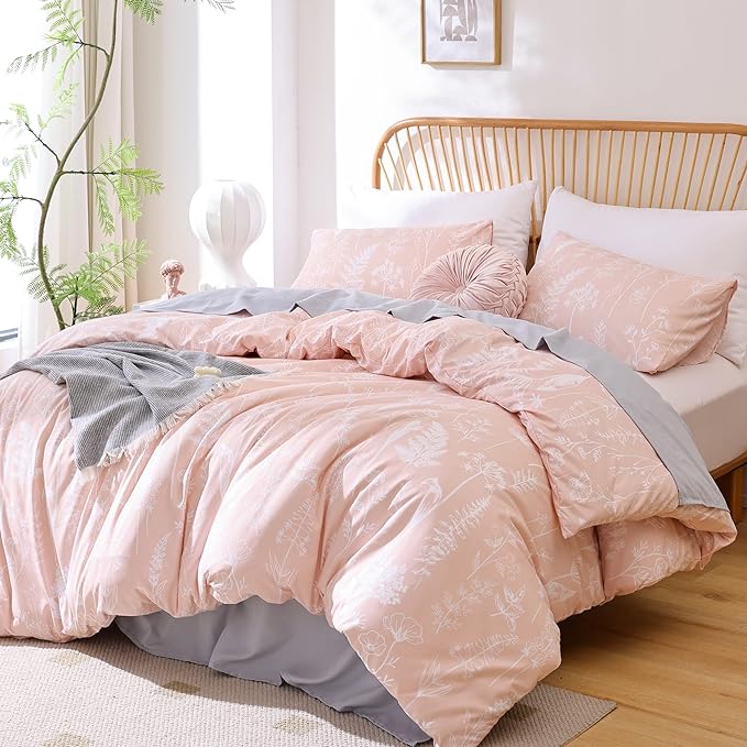 JANZAA King Size Comforter Set Floral Comforter Set 3 PCS Bedding Sets Pink Comforter Set Flowers Printed on Fluffy Comforter Set for All Season - LeafyLoom