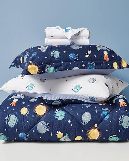 Kids Bedding Set for Boys, Twin Size 5 Pieces Space Themed Bed in a Bag, Super Soft Lightweight Microfiber Comforter Set with Sheets, Hotel Quality Durable Children Bed Set - LeafyLoom