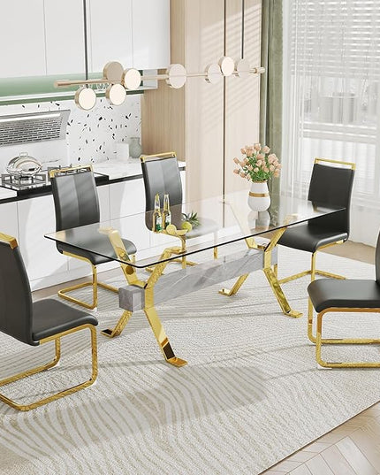NicBex Dining Table Modern Tempered Glass Dining Table Large Modern Office Desk with Gold Plated Metal Legs and MDF Crossbars, Suitable for Both Home and Office Use, Gold + Silver - LeafyLoom