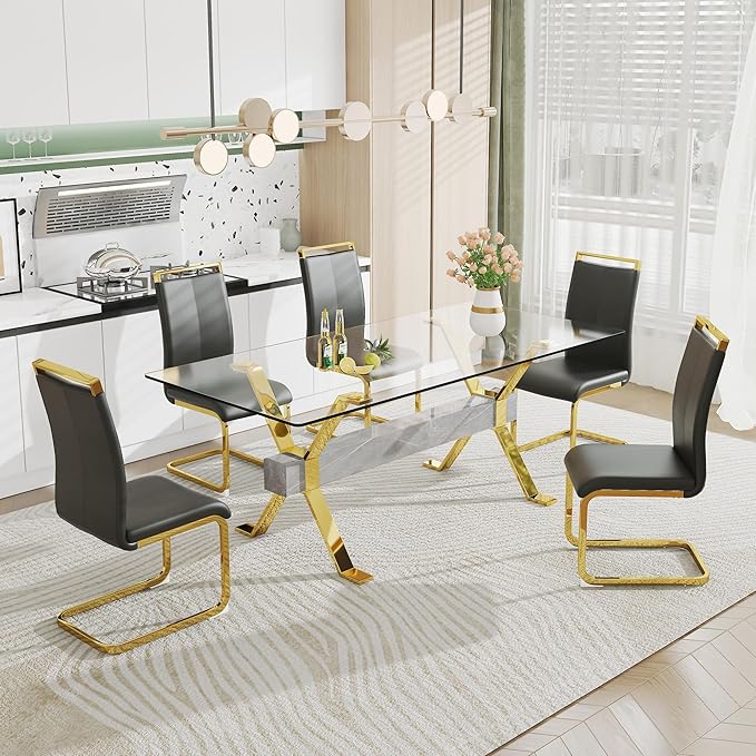 NicBex Dining Table Modern Tempered Glass Dining Table Large Modern Office Desk with Gold Plated Metal Legs and MDF Crossbars, Suitable for Both Home and Office Use, Gold + Silver - LeafyLoom