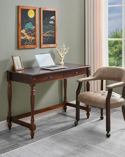 Large Dining Chairs with Casters and Arms, Rolling Dining Chairs with Wheels, Accent Wood Boss Caption's Chairs, 26" D x 25.2" W x 31.5" H, Espresso Legs & Yellowish Brown Fabric SY-318-LT - LeafyLoom