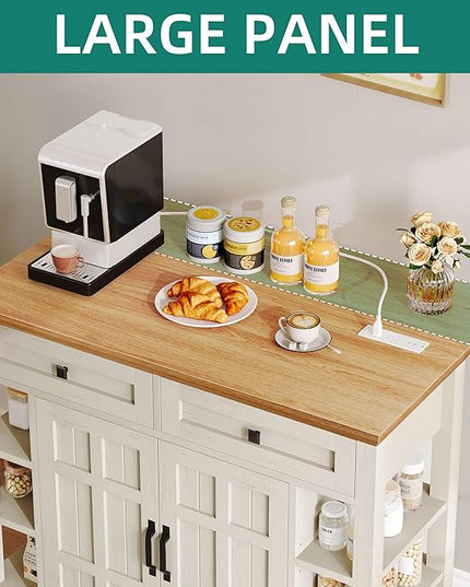 YITAHOME Kitchen Island with Drop Leaf & Power Outlet, Rolling Kitchen Cart on Wheels, Americana Kitchen Island Cabinet with Open Shelves for Kitchen Dining Room, Thicker Rubberwood Top, Off White - LeafyLoom