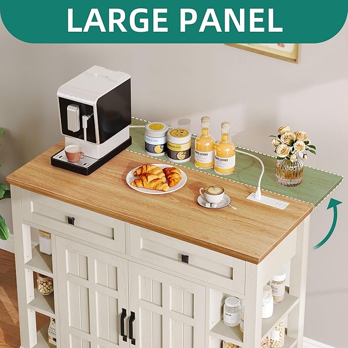 YITAHOME Kitchen Island with Drop Leaf & Power Outlet, Rolling Kitchen Cart on Wheels, Americana Kitchen Island Cabinet with Open Shelves for Kitchen Dining Room, Thicker Rubberwood Top, Off White - LeafyLoom