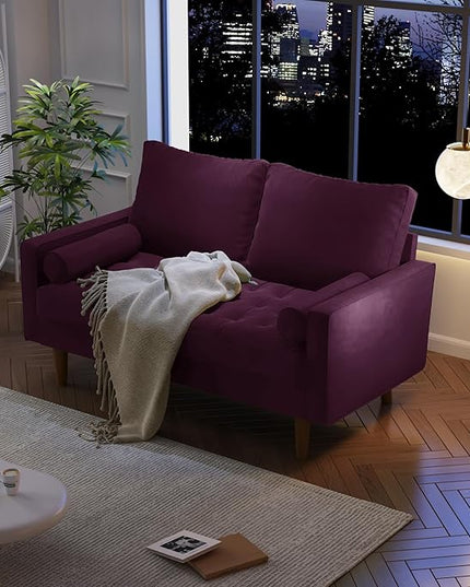 Velvet Furniture for Small Spaces, Mid-Century Modern Loveseats for Living Room, Love Seat Couch Sofas, 58 Inches, Eggplant - LeafyLoom