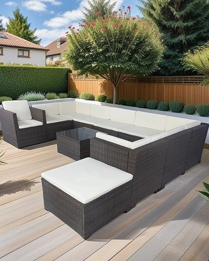 11 Pieces Outdoor Furniture Sofa, 10 Seater Patio Sectional Set with 3 Storage Box Under Seat Brown Wicker + White Cushion for Garden, Balcony, Poolside, Backyard, Zk-Beige - LeafyLoom