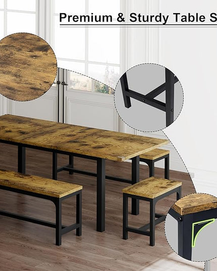 Feonase 5-Piece Dining Table for 4-8 People, 63" Extendable Kitchen Table Set with 2 Benches & 2 Square Stools, Dining Room Table with MDF Wood Board, Easy Clean, Rustic Brown - LeafyLoom