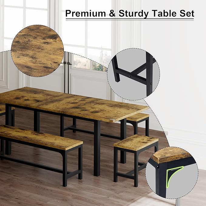 Feonase 5-Piece Dining Table for 4-8 People, 63" Extendable Kitchen Table Set with 2 Benches & 2 Square Stools, Dining Room Table with MDF Wood Board, Easy Clean, Rustic Brown - LeafyLoom