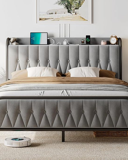 Feonase Full Size Bed Frame with Type-C & USB Port, Fast Charging Metal Platform Beds, Velvet Upholstered Headboard & Footboard, 12" Under Bed Storage Space, Easy Assembly, Noise-Free, Gray - LeafyLoom