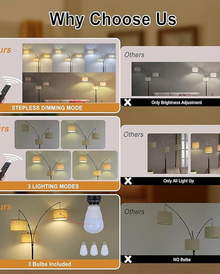 Arc Floor Lamp for Living Room with Remote Control, Dimmable Modern Mid Century 3 Lights Arched Tall Floor Lamp, Adjustable Standing Corner Lamp for Living Room Bedroom Office, Beige Lampshad (Black) - LeafyLoom