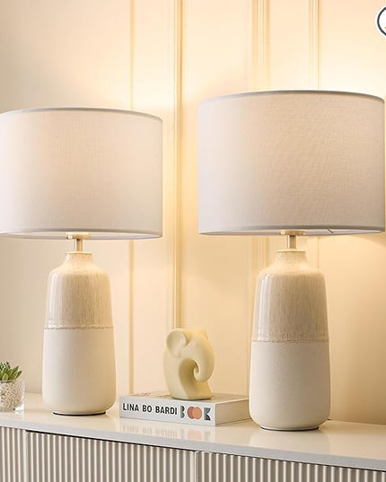 Tall Ceramic Table Lamp Set of 2, White Lamps for Bedroom Farmhouse Rustic Lamp Set Bedside Nightstand Lamps Set of Two Side Table Lamps for Living Room, 22IN - LeafyLoom