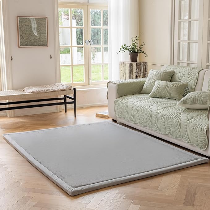Faux Rabbit Fur Rug - 1.18" Thick Soft Fluffy Area Rug, Non-Slip Memory Foam Crawling Mat, Light Gray, 78"x118" - LeafyLoom