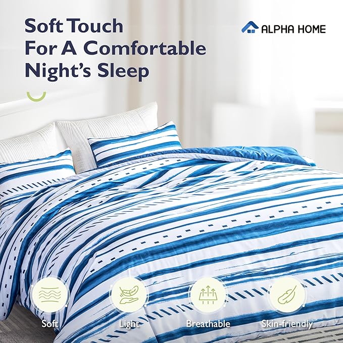 ALPHA HOME Comforter Set King Size, Nautical Style All Season Bedding Comforter Set, Comfortable Fluffy Comforter Set with Cotton Fabric (1 Comforter, 2 Pillowcases) - LeafyLoom