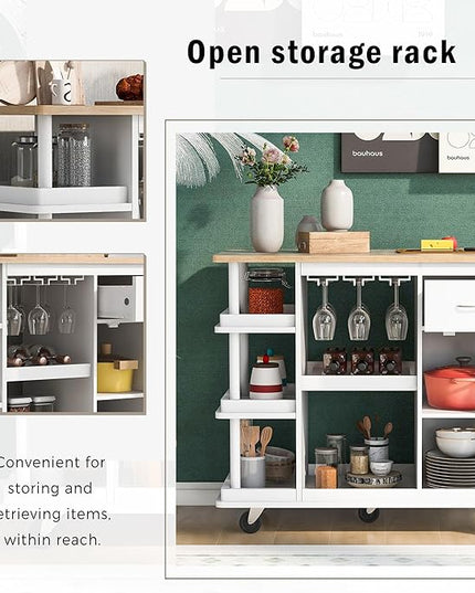 Kitchen Island Cabinet with Side Storage & Rubber Wood Top, Multipurpose Mobile Cart On Wheels w/Wine Rack and Adjustable Shelves for Dining Room, Home, Bar - LeafyLoom