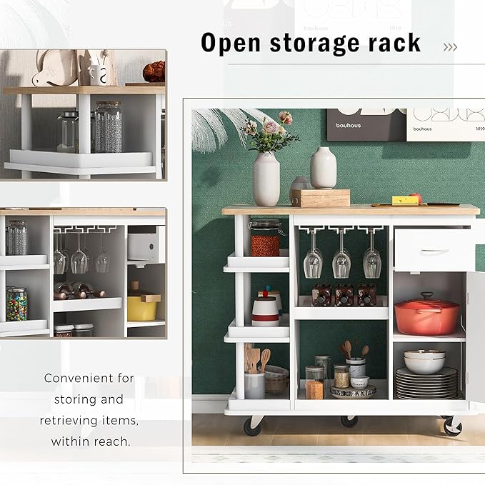 Kitchen Island Cabinet with Side Storage & Rubber Wood Top, Multipurpose Mobile Cart On Wheels w/Wine Rack and Adjustable Shelves for Dining Room, Home, Bar - LeafyLoom