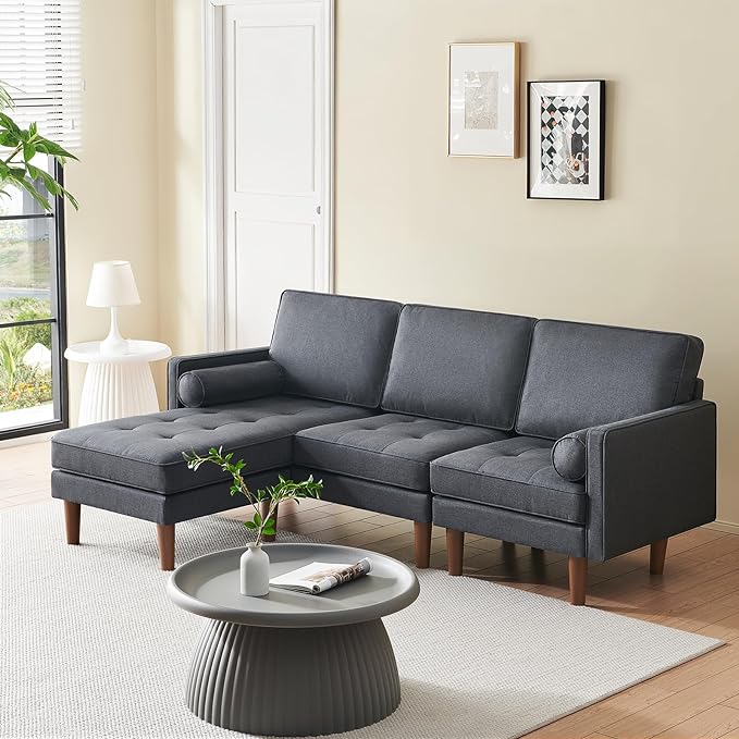 Vonanda Sectional Couch L Shaped Couch, Convertible Sectional Sofa with Reversible Chaise and Tufted Seat, Fabric Small Couch for Apartment and Small Living Space, Dark Grey - LeafyLoom