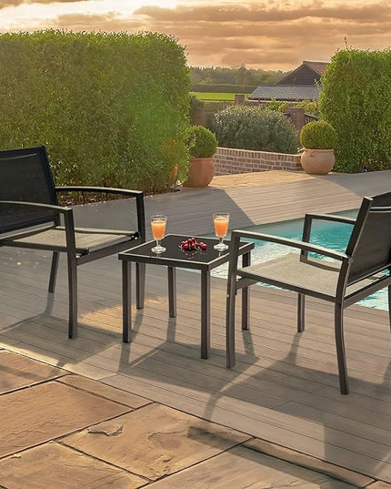 Greesum 3 Pieces Patio Furniture Outdoor Bistro Set Textilene Fabric Chairs for Lawn, Garden, Balcony, Poolside with A Glass Coffee Table, Black - LeafyLoom
