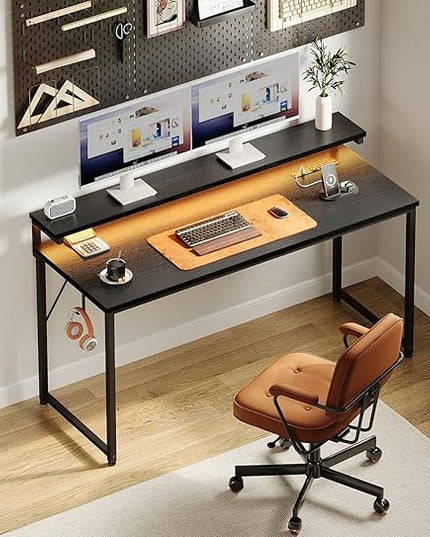 AODK Computer Desk, 55 Inch Gaming Desk with LED Lights and Power Outlet, Office Desk with Adjustable Monitor Shelf (3 Heights), Computer Table Work Desk for Home/Bedroom, Black - LeafyLoom