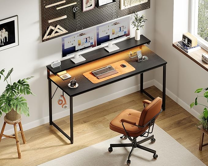 AODK Computer Desk, 55 Inch Gaming Desk with LED Lights and Power Outlet, Office Desk with Adjustable Monitor Shelf (3 Heights), Computer Table Work Desk for Home/Bedroom, Black - LeafyLoom