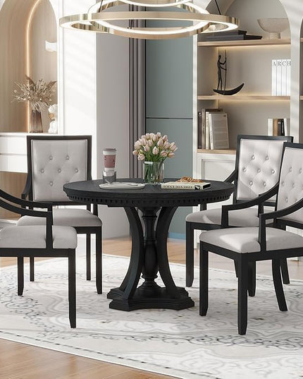 Retro Style 5 Piece Set with Extendable Freely AdjustableRound Table and 4 Chairs, Full Assembly Required and Easy Clean, for Dining Room, Kitchen, Oak, Black 19 - LeafyLoom
