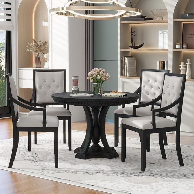 Retro Style 5 Piece Set with Extendable Freely AdjustableRound Table and 4 Chairs, Full Assembly Required and Easy Clean, for Dining Room, Kitchen, Oak, Black 19 - LeafyLoom