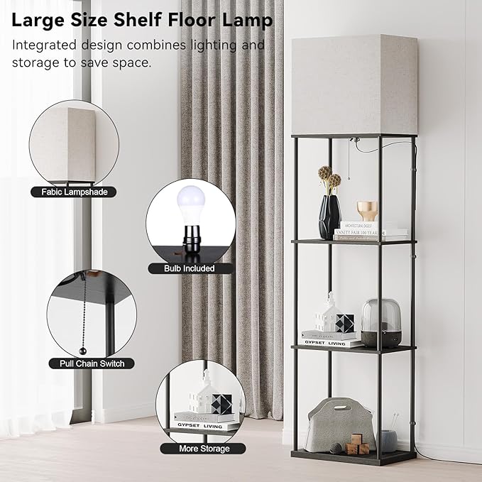 SUNMORY Large Size Floor Lamp with Shelves, 4-Tier Modern Standing Lamp with 3 Color Temperature Bulb, Tall Floor Lamp with Shelf, Corner Display Bookshelf Lamps for Living Room, Bedroom, Office - LeafyLoom