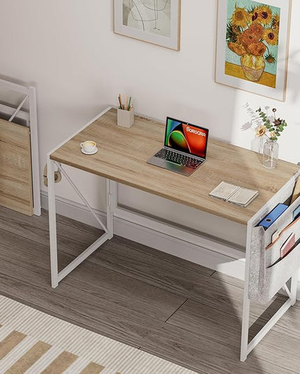 Folding Desk, Small Foldable Desk 39.4 Inch for Small Space, Computer Table Home Office Writing Desk with Storage Bag Headphone Hook, Easy Assembly, OAK - LeafyLoom