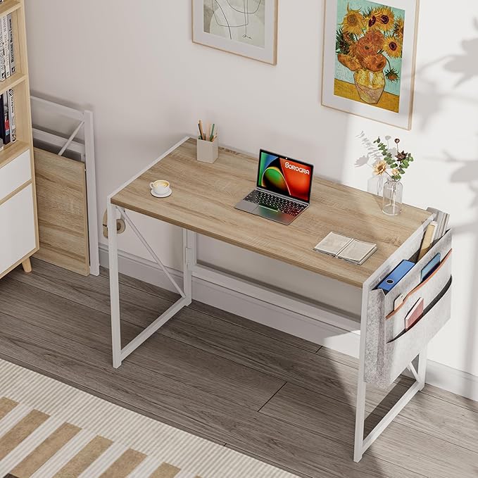 Folding Desk, Small Foldable Desk 39.4 Inch for Small Space, Computer Table Home Office Writing Desk with Storage Bag Headphone Hook, Easy Assembly, OAK - LeafyLoom