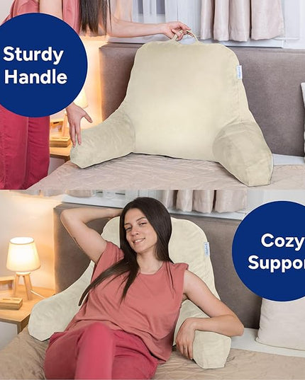 ComfortSpa Reading Pillow for Bed Adult Size, Back Rest Pillow with Arms, Pockets and Washable Cover; Use as a Back Pillow for Sitting in Bed for Bedrest or Relief from GERD Heartburn (Cream) - LeafyLoom
