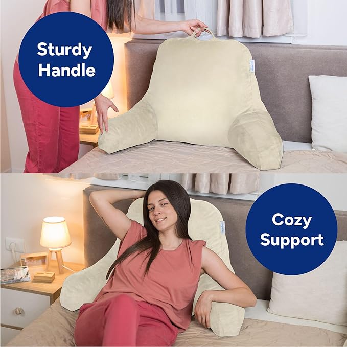 ComfortSpa Reading Pillow for Bed Adult Size, Back Rest Pillow with Arms, Pockets and Washable Cover; Use as a Back Pillow for Sitting in Bed for Bedrest or Relief from GERD Heartburn (Cream) - LeafyLoom