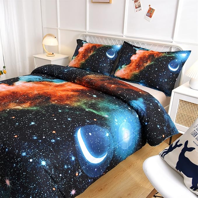 A Nice Night Black and Blue Galaxy Bedding Sets 3D Printed Cloud Quilt Comforter Sets with 2 Bedroom Pillow Covers Twin Size - LeafyLoom
