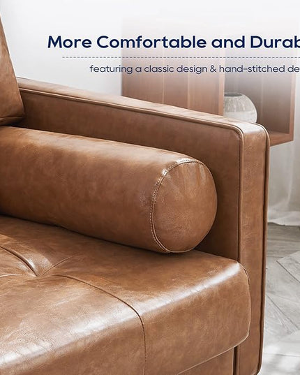 Vonanda Faux Leather Sofa Couch, Mid-Century 73 Inch 3 Seater Leather Couch with Hand-Stitched Comfort Cushion and Bolster Pillows for Living Room,Elegant Cognac Tan - LeafyLoom