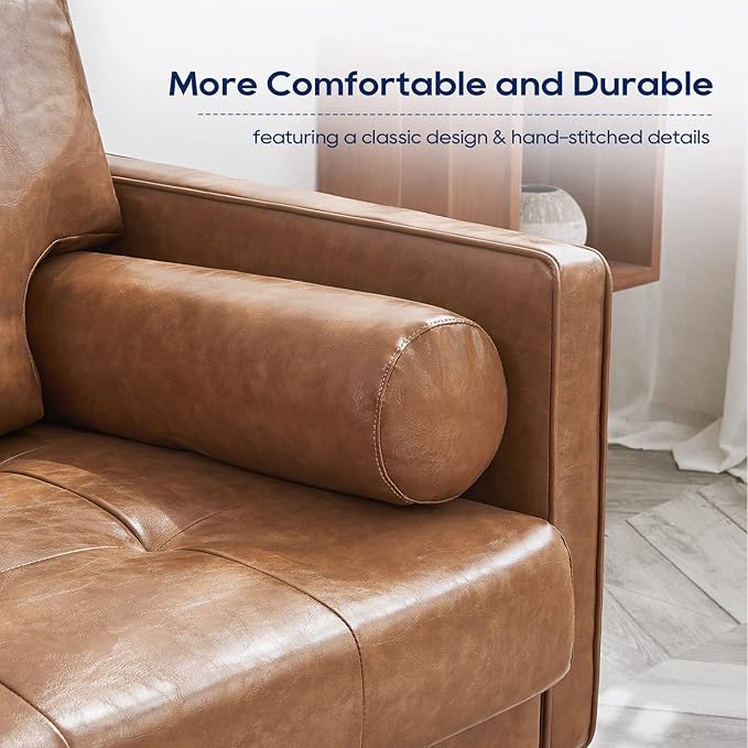 Vonanda Faux Leather Sofa Couch, Mid-Century 73 Inch 3 Seater Leather Couch with Hand-Stitched Comfort Cushion and Bolster Pillows for Living Room,Elegant Cognac Tan - LeafyLoom