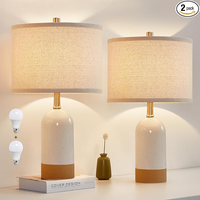 3 Color Temperature Small Table Lamp for Bedroom, Bedside Desk Reading Lamps, 21.5" Nightstand Ceramic Lamp for Kids Room, Living Room, Dorm, Home Office, Bulbs Included - LeafyLoom