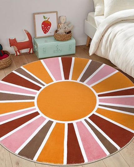 Topotdor Sun Rainbow Round Rug 4ft Boho Kids Nursery Rug, Colorful Washable Area Rug Ultra Soft Circle Classroom Rug Non-Slip for Bedroom Living Room Playroom Decor, Pink - LeafyLoom