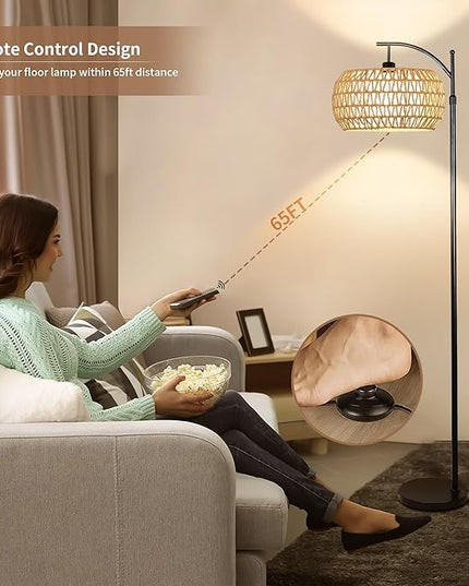 Floor Lamp for Living Room Bedroom Boho Rattan&Fabric Arc Standing Lamp with Remote Dimmable Black Farmhouse Wicker Bamboo Lamp Shade Floor Light Tall Lamp Industrial Floor Lamps Bohemian Decor - LeafyLoom